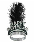 “Happy New Year” kóróna með fjöður - silfur eða svört