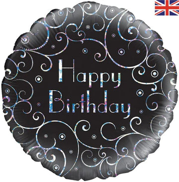 Svört og silfruð “Happy Birthday” álblaðra 45cm