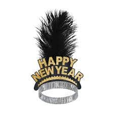 “Happy New Year” kóróna með fjöður  - Gull og svört