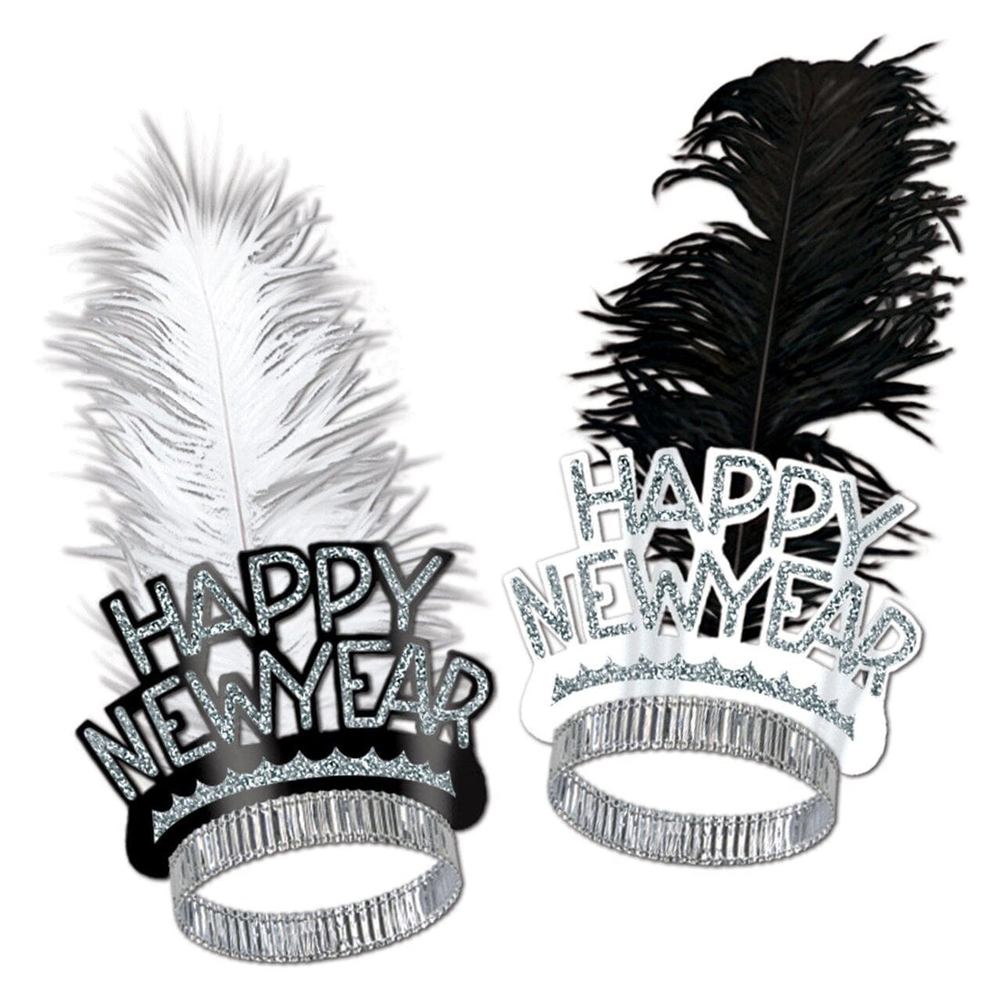 “Happy New Year” kóróna með fjöður  - silfur eða svört