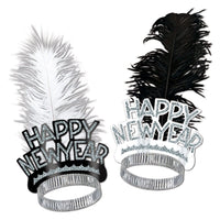 “Happy New Year” kóróna með fjöður  - silfur eða svört