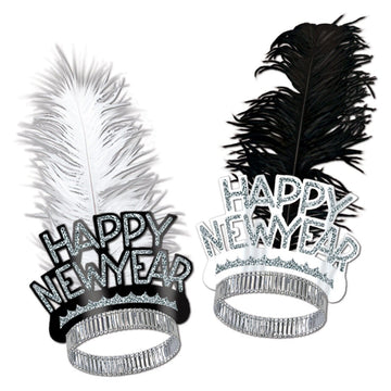 “Happy New Year” kóróna með fjöður  - silfur eða svört