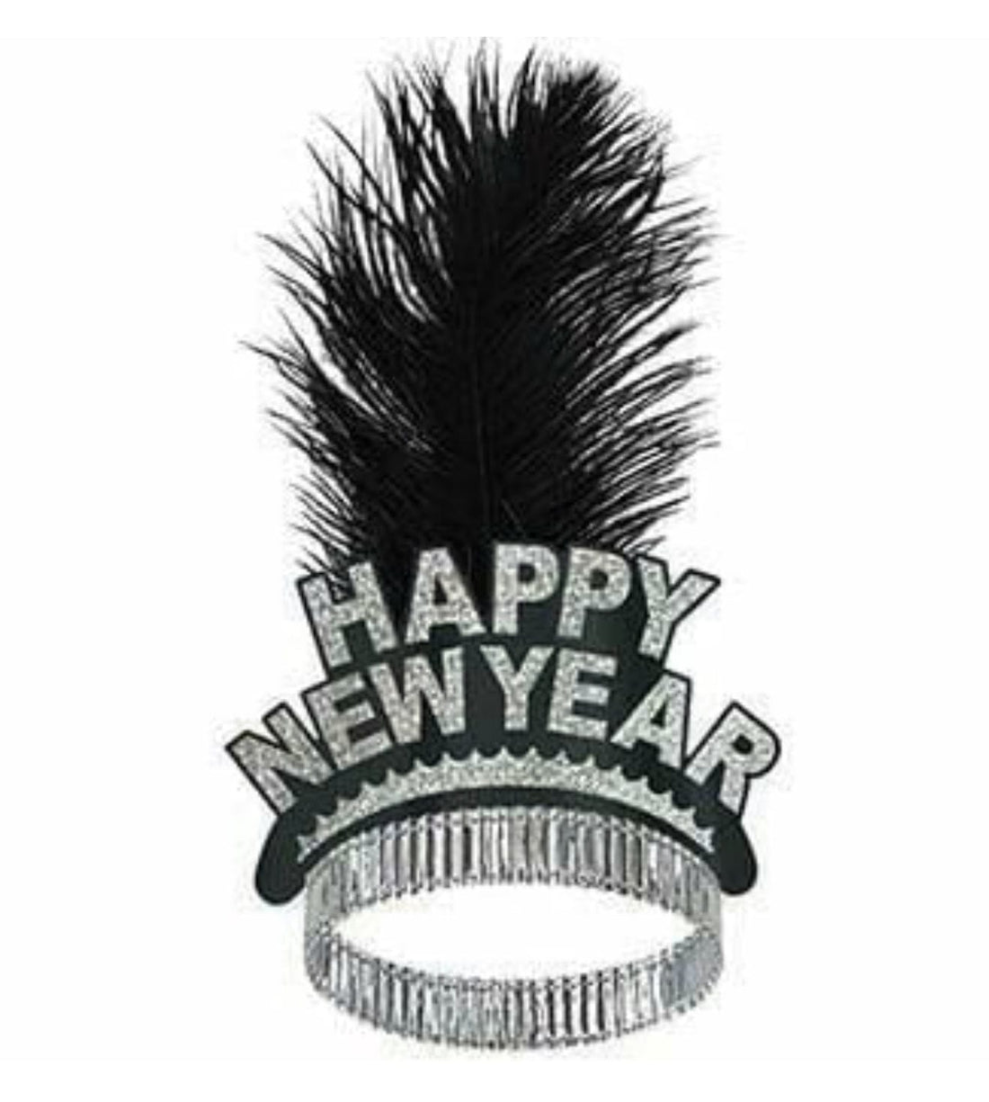 “Happy New Year” kóróna með fjöður  - silfur eða svört