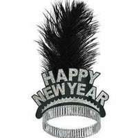 “Happy New Year” kóróna með fjöður  - silfur eða svört