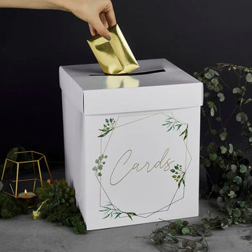 Hvítur kortakassi með laufum og gylltri ‘‘Cards‘‘ merkingu  24cm