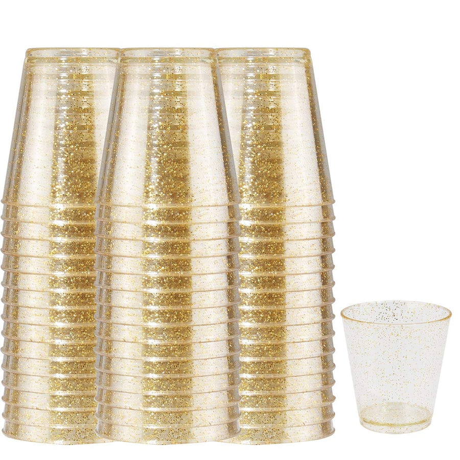 Plast gyllt glimmer skotglös (2cl)  10stk eða 20stk