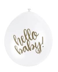 Hvítar ‘‘Hello baby,, blöðrur með gull stöfum