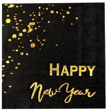 Svartar og gylltar “Happy New Year” kokteilservíettur, 16stk