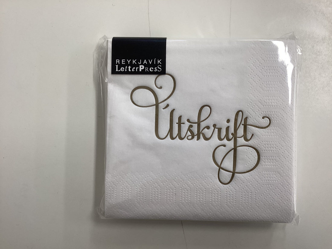 Hvítar "Útskrift" kaffiservíettur með gylltri merkingu 20 stk