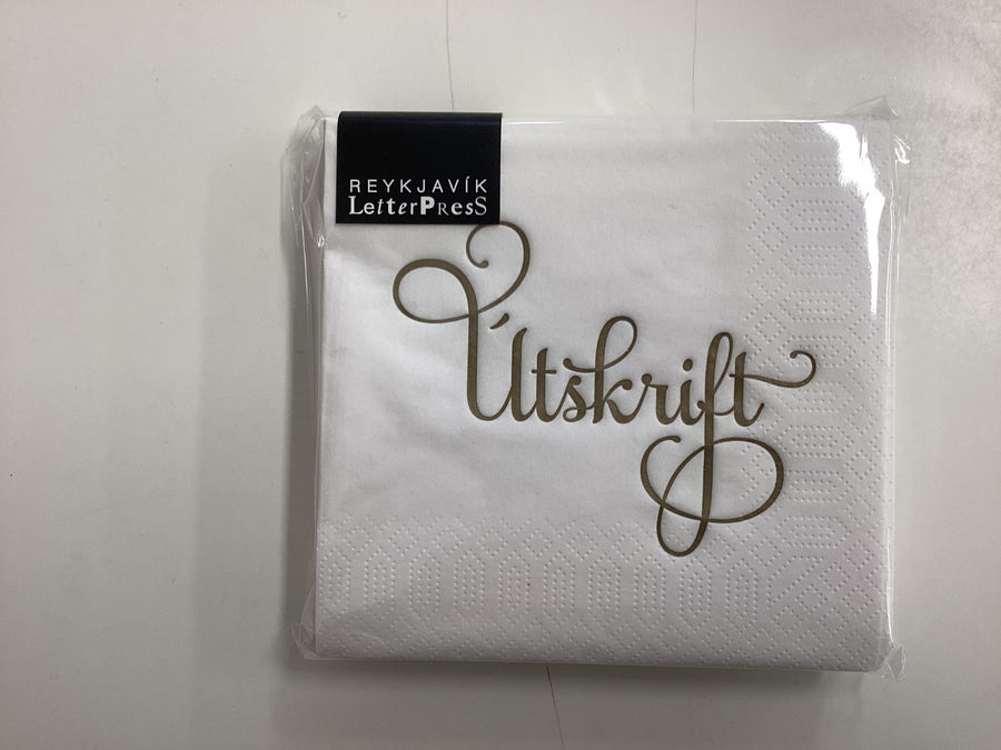 Hvítar "Útskrift" kaffiservíettur með gylltri merkingu 20 stk