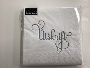 Hvítar "Útskrift" matarservíettur með silfur merkingu - 20 stk