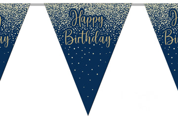 Navy blà og gyllt Happy Birthday  fánalengja  3,9m