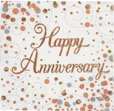 Rósagylltar “Happy Anniversary” matarservíettur  16 stk