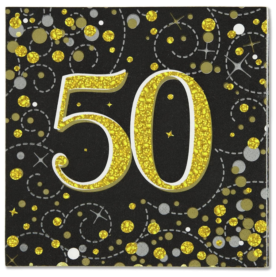 Svartar og gylltar 50 ára matarservíettur 16 stk