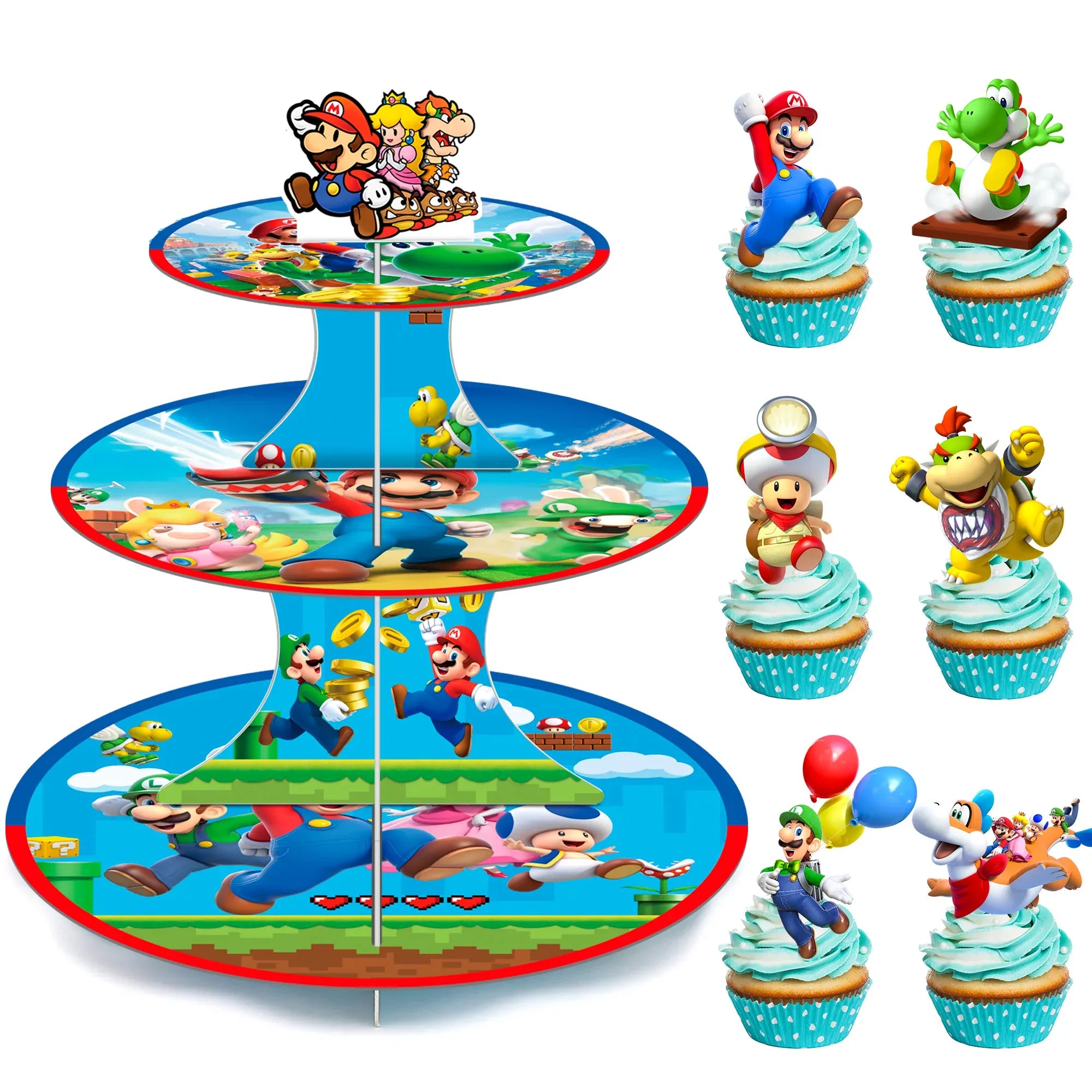Super Mario 3 hæða kökustandur og 12 stk. Köku toppur