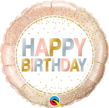 Rósagyllt og hvít "Happy Birthday" blaðra - 48cm
