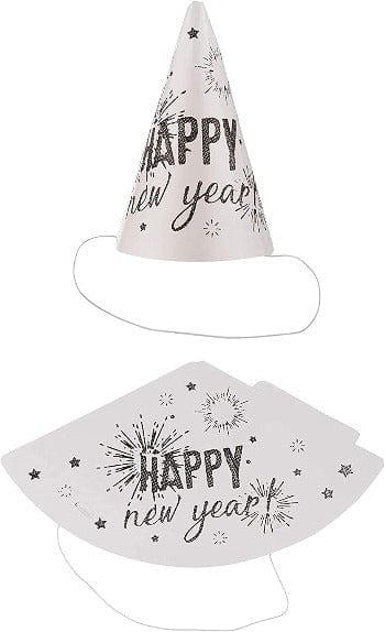 Hvítur "Happy New Year" strýtuhattur með svörtu glimmeri