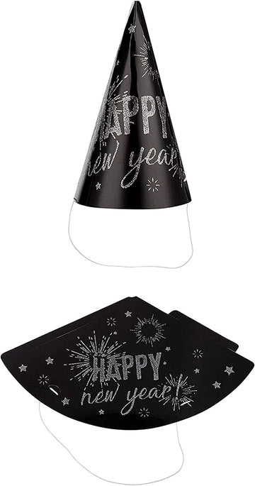 Glimmer strýtuhattur "happy new year" svartur og silfraður - 17cm