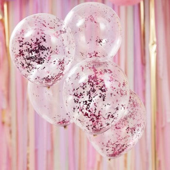 Glærar blöðrur með bleikum flögum (confetti)  5 stk