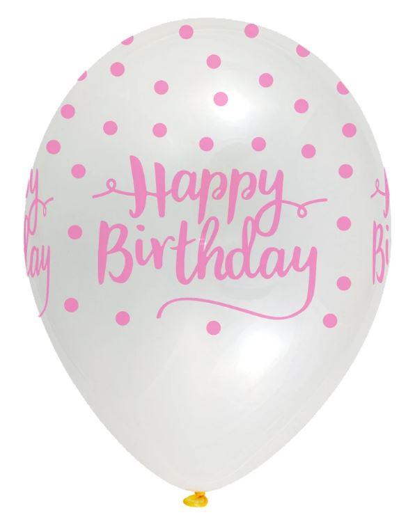 Glær blaðra með bleiku "happy birthday" og doppum - 30cm