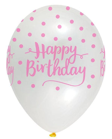 Glær blaðra með bleiku "happy birthday" og doppum - 30cm