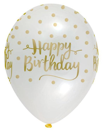 Glær blaðra með gylltu "happy birthday" og doppum - 30cm