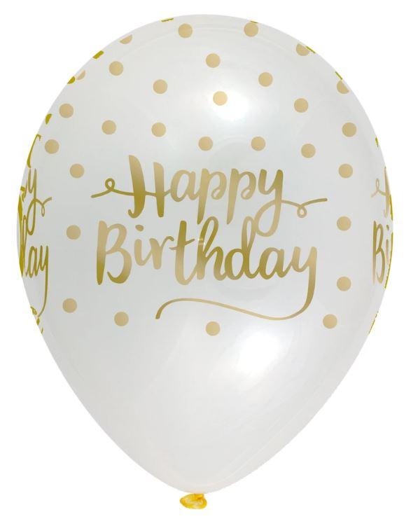 Glær blaðra með gylltu "happy birthday" og doppum - 30cm