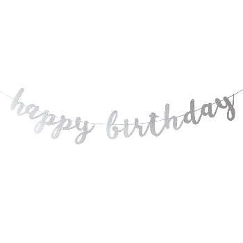 "Happy Birthday" silfur glimmer fánalengja - 3 metrar